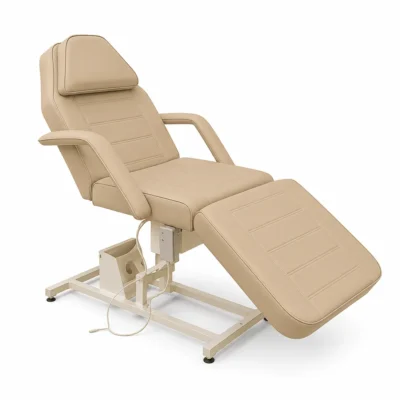 Eos electric beauty bed 1 motor in Almond Beige, reclined with leg section lowered, Furia